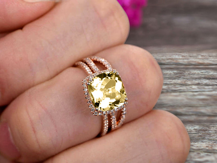 Halo 2 Pcs 10k Rose Gold 1.75 Carat Cushion Cut Champagne Diamond Moissanite Engagement Ring Set Custom Made Flaming Jewelry Twisted Across Matching Band Art Deco Anniversary Ring