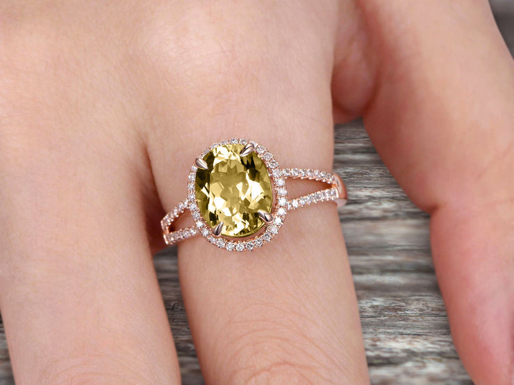 Oval Cut 10k Rose Gold Champagne Diamond Moissanite Halo Engagement Ring With 1.5 Carat Split Shank
