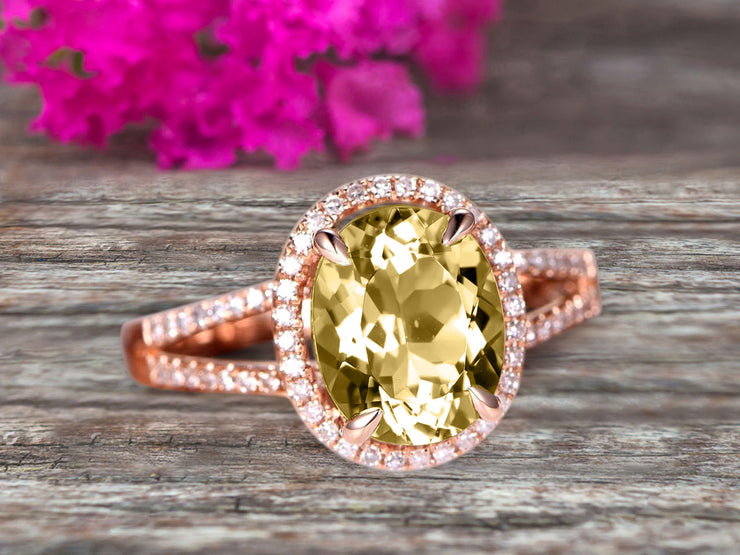 Oval Cut 10k Rose Gold Champagne Diamond Moissanite Halo Engagement Ring With 1.5 Carat Split Shank