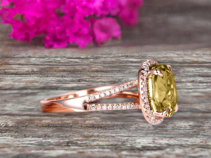 Oval Cut 10k Rose Gold Champagne Diamond Moissanite Halo Engagement Ring With 1.5 Carat Split Shank