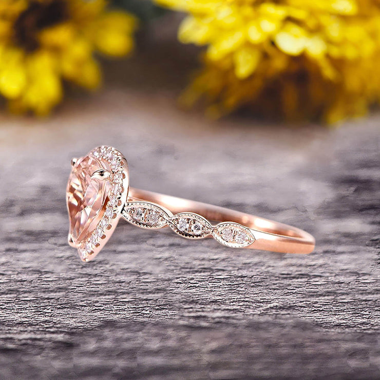 1.50 Carat Pear Shape Morganite Engagement Ring Promise Ring Anniversary Ring On 10k Rose gold Art Deco Ring