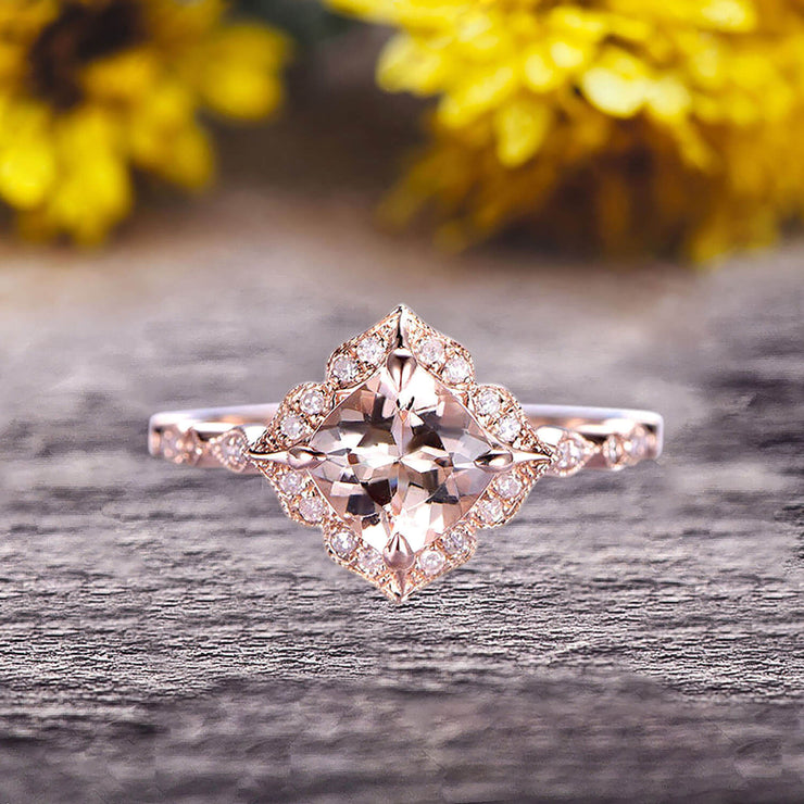 10k Rose Gold Morganite Halo Engagement Ring With Cushion Cut 1.50 Carat Milgrain Art Deco