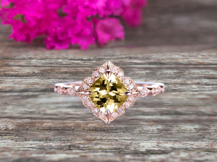 10k Rose Gold Champagne Diamond Moissanite Halo Engagement Ring With Cushion Cut 1.50 Carat Milgrain Art Deco