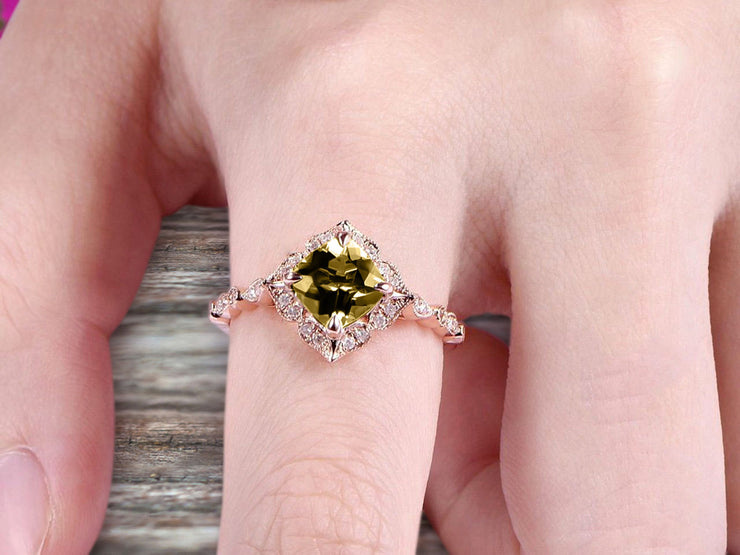 10k Rose Gold Champagne Diamond Moissanite Halo Engagement Ring With Cushion Cut 1.50 Carat Milgrain Art Deco