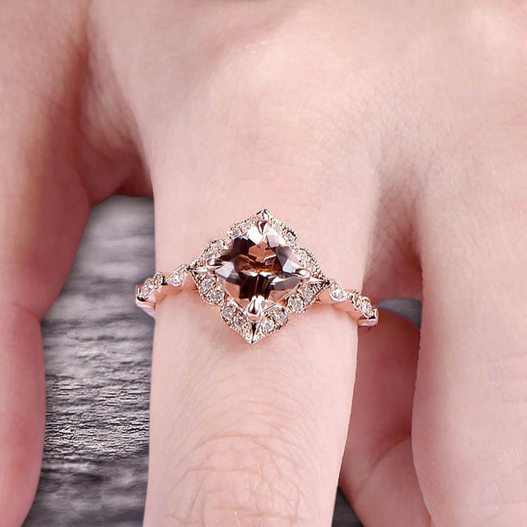 10k Rose Gold Morganite Halo Engagement Ring With Cushion Cut 1.50 Carat Milgrain Art Deco