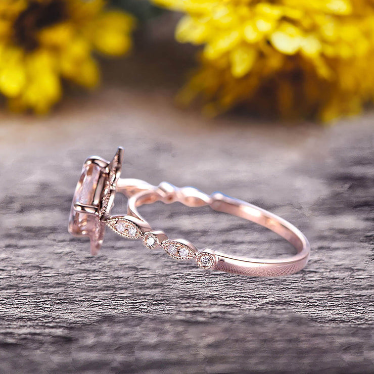 10k Rose Gold Morganite Halo Engagement Ring With Cushion Cut 1.50 Carat Milgrain Art Deco