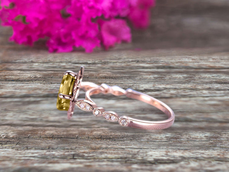 10k Rose Gold Champagne Diamond Moissanite Halo Engagement Ring With Cushion Cut 1.50 Carat Milgrain Art Deco