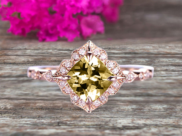 10k Rose Gold Champagne Diamond Moissanite Halo Engagement Ring With Cushion Cut 1.50 Carat Milgrain Art Deco