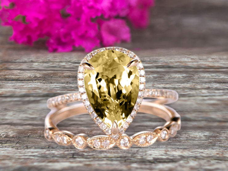 2Pcs Milgrain Pear Shape 1.75 Carat Wedding Ring Set Champagne Diamond Moissanite Engagement Ring Diamond Matching Band 10k Yellow Gold Anniversary Gift