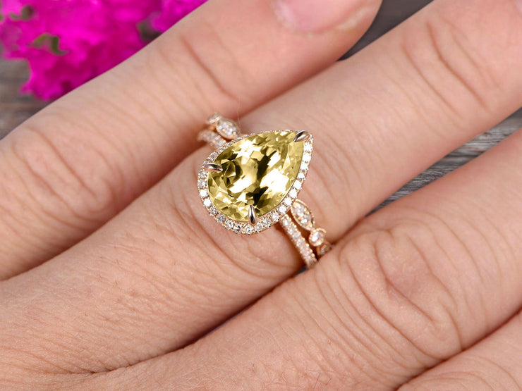 2Pcs Milgrain Pear Shape 1.75 Carat Wedding Ring Set Champagne Diamond Moissanite Engagement Ring Diamond Matching Band 10k Yellow Gold Anniversary Gift