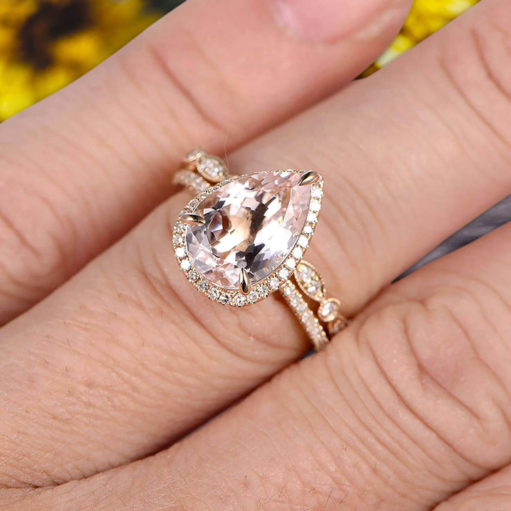 2Pcs Milgrain Pear Shape 1.75 Carat Wedding Ring Set Morganite Engagement Ring Diamond Matching Band 10k Yellow Gold Anniversary Gift