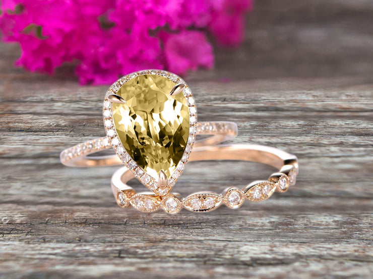 2Pcs Milgrain Pear Shape 1.75 Carat Wedding Ring Set Champagne Diamond Moissanite Engagement Ring Diamond Matching Band 10k Yellow Gold Anniversary Gift