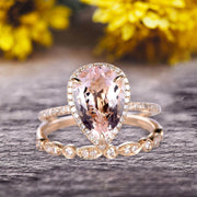 2Pcs Milgrain Pear Shape 1.75 Carat Wedding Ring Set Morganite Engagement Ring Diamond Matching Band 10k Yellow Gold Anniversary Gift