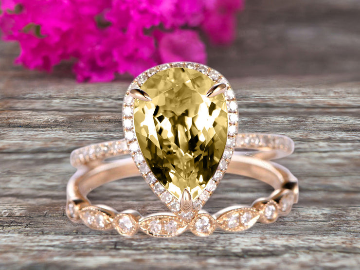 2Pcs Milgrain Pear Shape 1.75 Carat Wedding Ring Set Champagne Diamond Moissanite Engagement Ring Diamond Matching Band 10k Yellow Gold Anniversary Gift