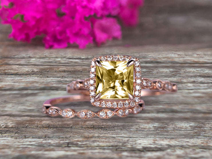 Princess Cut 1.75 Carat Champagne Diamond Moissanite Engagement Ring Set On 10k Rose Gold Diamond Matching Band Promise Ring Milgrain Anniversary Gift Bridal Ring