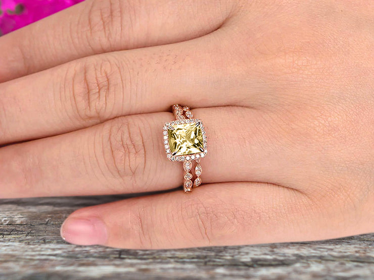 Princess Cut 1.75 Carat Champagne Diamond Moissanite Engagement Ring Set On 10k Rose Gold Diamond Matching Band Promise Ring Milgrain Anniversary Gift Bridal Ring