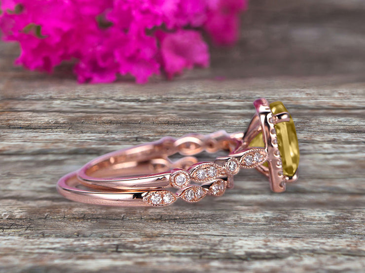 Princess Cut 1.75 Carat Champagne Diamond Moissanite Engagement Ring Set On 10k Rose Gold Diamond Matching Band Promise Ring Milgrain Anniversary Gift Bridal Ring