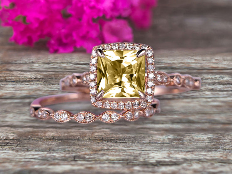 Princess Cut 1.75 Carat Champagne Diamond Moissanite Engagement Ring Set On 10k Rose Gold Diamond Matching Band Promise Ring Milgrain Anniversary Gift Bridal Ring