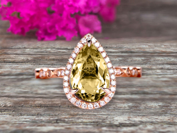 1.50 Carat Pear Shape Champagne Diamond Moissanite Engagement Ring Art Deco Wedding Ring 10k Rose gold Milgrain Anniversary Ring Halo Design