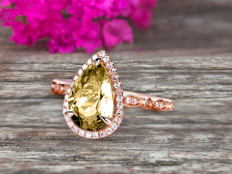 1.50 Carat Pear Shape Champagne Diamond Moissanite Engagement Ring Art Deco Wedding Ring 10k Rose gold Milgrain Anniversary Ring Halo Design