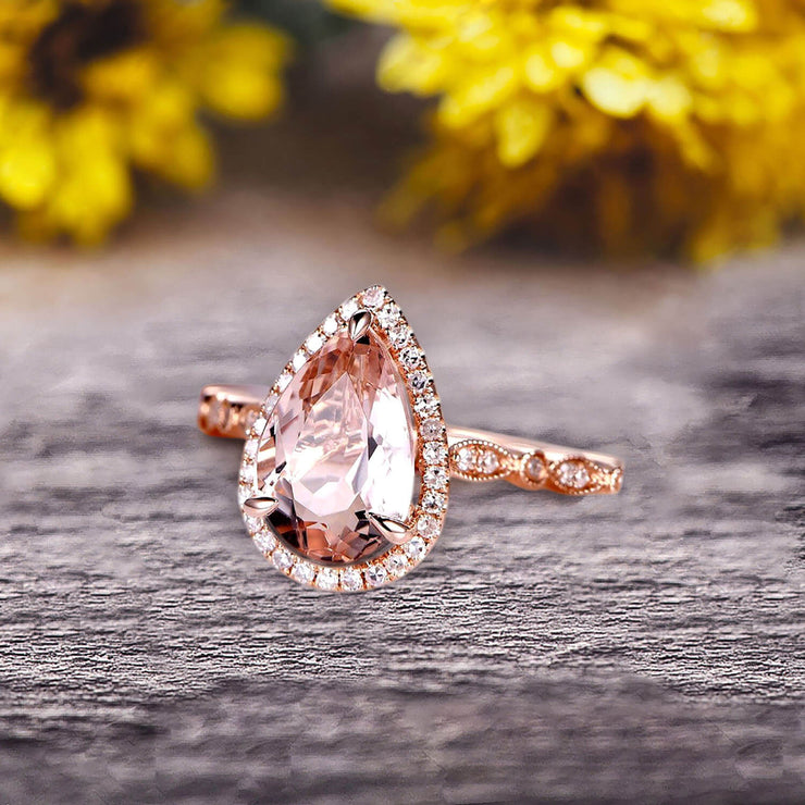 1.50 Carat Pear Shape Pink Morganite Engagement Ring Art Deco Wedding Ring 10k Rose gold Milgrain Anniversary Ring Halo Design