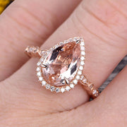 1.50 Carat Pear Shape Pink Morganite Engagement Ring Art Deco Wedding Ring 10k Rose gold Milgrain Anniversary Ring Halo Design