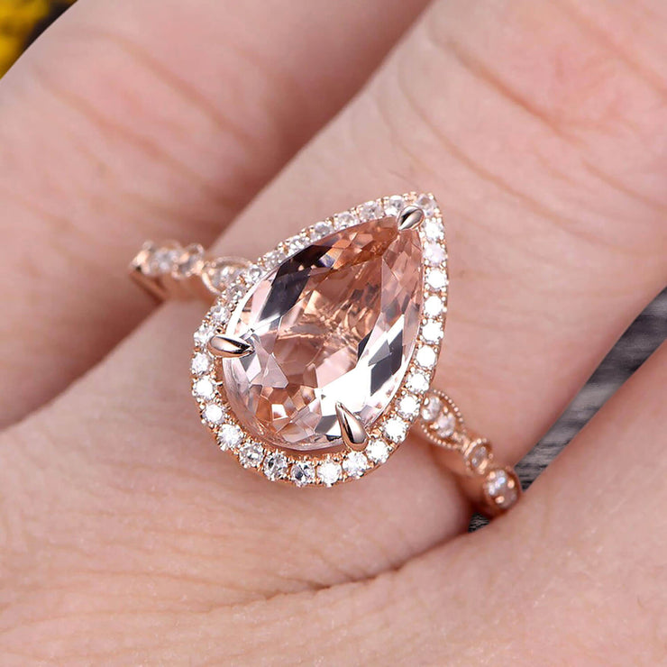 1.50 Carat Pear Shape Pink Morganite Engagement Ring Art Deco Wedding Ring 10k Rose gold Milgrain Anniversary Ring Halo Design