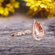 1.50 Carat Pear Shape Pink Morganite Engagement Ring Art Deco Wedding Ring 10k Rose gold Milgrain Anniversary Ring Halo Design