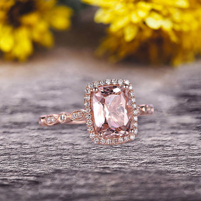 Milgrain Art Deco 1.50 Carat Cushion Cut Morganite Engagement Ring With 10k Rose Gold Shining Sparkling Halo