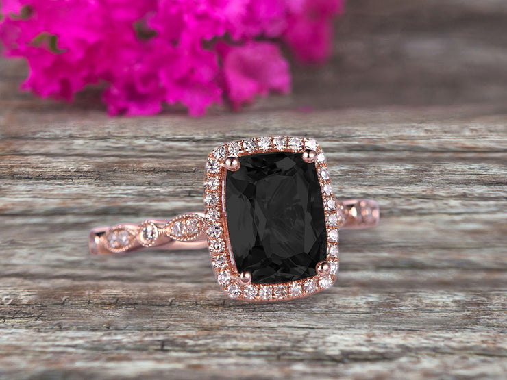 Milgrain Art Deco 1.50 Carat Cushion Cut Black Diamond Moissanite Engagement Ring With 10k Rose Gold Shining Sparkling Halo