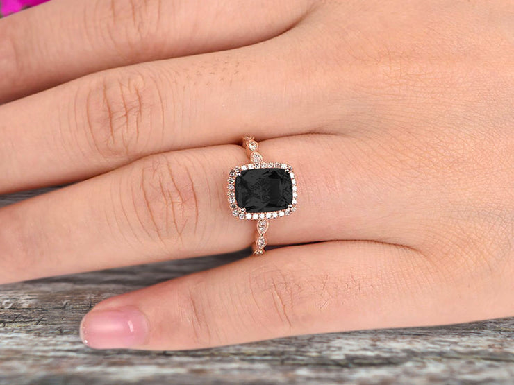 Milgrain Art Deco 1.50 Carat Cushion Cut Black Diamond Moissanite Engagement Ring With 10k Rose Gold Shining Sparkling Halo