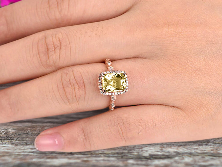 Milgrain Art Deco 1.50 Carat Cushion Cut Champagne Diamond Moissanite Engagement Ring With 10k Rose Gold Shining Sparkling Halo