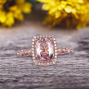 Milgrain Art Deco 1.50 Carat Cushion Cut Morganite Engagement Ring With 10k Rose Gold Shining Sparkling Halo