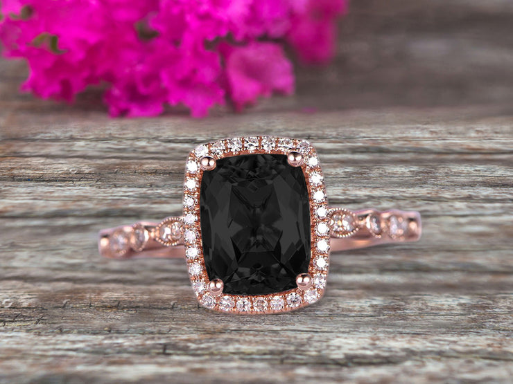 Milgrain Art Deco 1.50 Carat Cushion Cut Black Diamond Moissanite Engagement Ring With 10k Rose Gold Shining Sparkling Halo