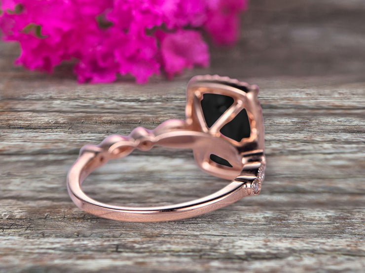 Milgrain Art Deco 1.50 Carat Cushion Cut Black Diamond Moissanite Engagement Ring With 10k Rose Gold Shining Sparkling Halo