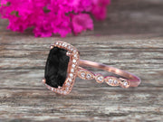 Milgrain Art Deco 1.50 Carat Cushion Cut Black Diamond Moissanite Engagement Ring With 10k Rose Gold Shining Sparkling Halo