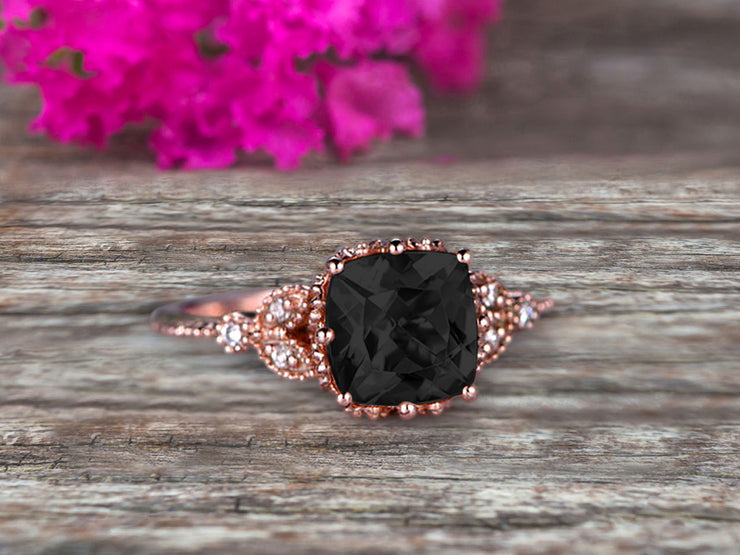 Milgrain Edge Cushion Cut 1.50 Carat Black Diamond Moissanite Engagement Ring On 10k Rose Gold Anniversary Ring Promise Ring Art deco Surprisingly Ring Gift for her