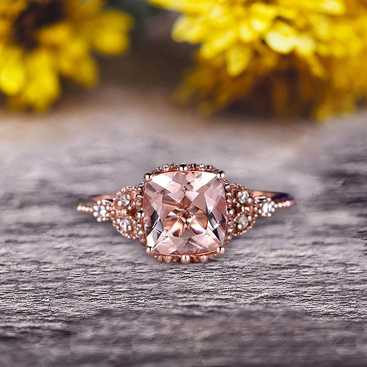 Milgrain Edge Cushion Cut 1.50 Carat Morganite Engagement Ring On 10k Rose Gold Anniversary Ring Promise Ring Art deco Surprisingly Ring Gift for her