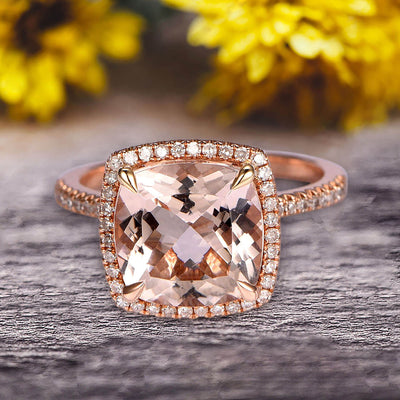 Surprisingly Morganite Engagement Ring 1.75 Carat Cushion Cut Halo Design 10k Rose Gold Anniversary Ring