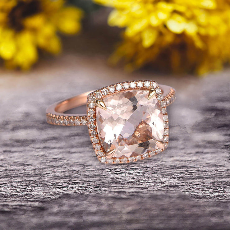 Surprisingly Morganite Engagement Ring 1.75 Carat Cushion Cut Halo Design 10k Rose Gold Anniversary Ring