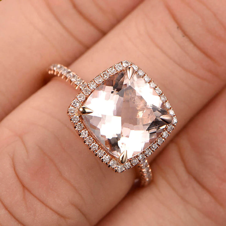 Surprisingly Morganite Engagement Ring 1.75 Carat Cushion Cut Halo Design 10k Rose Gold Anniversary Ring