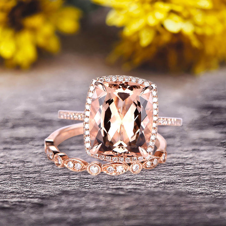 Milgrain 1.75 Carat Wedding Ring Set Big Cushion Cut Morganite Engagement Ring Natural Morganite Art Deco Matching Wedding Band On 14K Rose Gold Surprisingly Ring