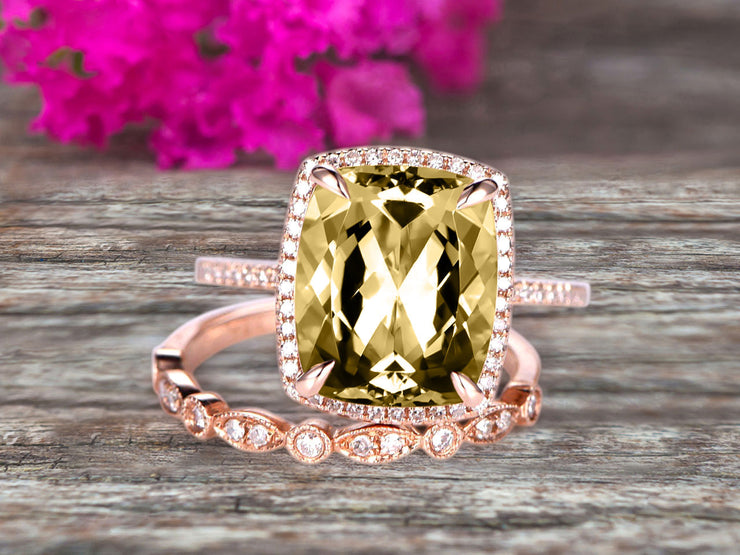 Milgrain 1.75 Carat Wedding Ring Set Big Cushion Cut Champagne Diamond Moissanite Engagement Ring Champagne Diamond Moissanite Art Deco Matching Wedding Band On 14K Rose Gold Surprisingly Ring