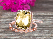 Milgrain 1.75 Carat Wedding Ring Set Big Cushion Cut Champagne Diamond Moissanite Engagement Ring Champagne Diamond Moissanite Art Deco Matching Wedding Band On 14K Rose Gold Surprisingly Ring