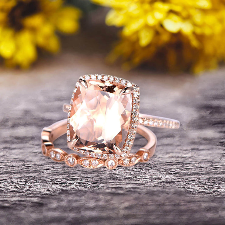 Milgrain 1.75 Carat Wedding Ring Set Big Cushion Cut Morganite Engagement Ring Natural Morganite Art Deco Matching Wedding Band On 14K Rose Gold Surprisingly Ring