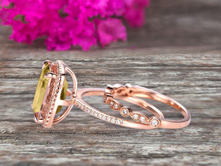 Milgrain 1.75 Carat Wedding Ring Set Big Cushion Cut Champagne Diamond Moissanite Engagement Ring Champagne Diamond Moissanite Art Deco Matching Wedding Band On 14K Rose Gold Surprisingly Ring