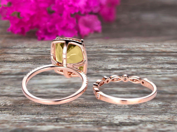 Milgrain 1.75 Carat Wedding Ring Set Big Cushion Cut Champagne Diamond Moissanite Engagement Ring Champagne Diamond Moissanite Art Deco Matching Wedding Band On 14K Rose Gold Surprisingly Ring