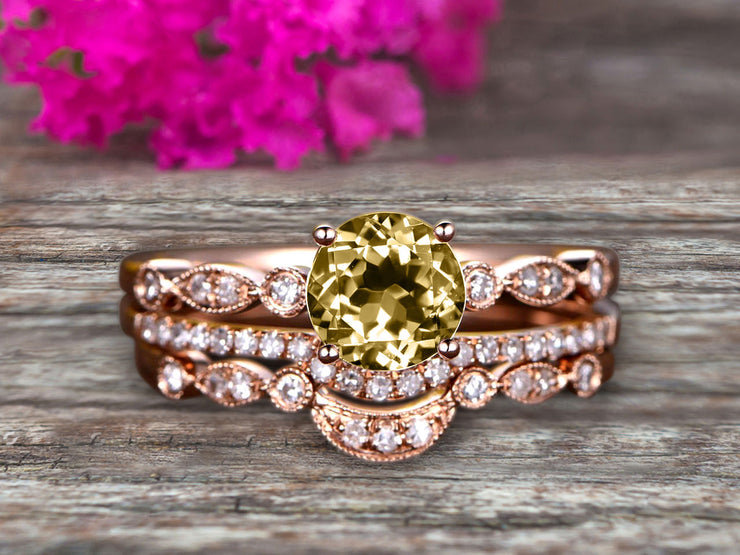 Trio Set Round Cut 1.75 Carat VS Champagne Diamond Moissanite Engagement Ring Set Milgrain Crown Wedding Band 10k Rose Gold Art Deco