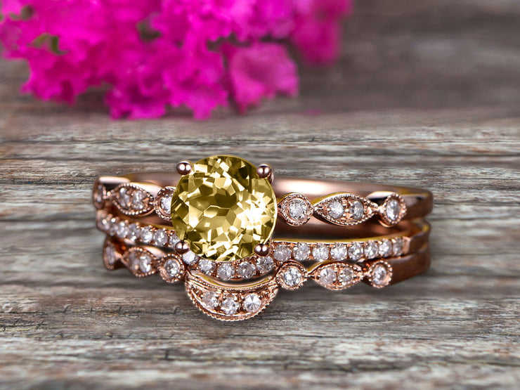 Trio Set Round Cut 1.75 Carat VS Champagne Diamond Moissanite Engagement Ring Set Milgrain Crown Wedding Band 10k Rose Gold Art Deco