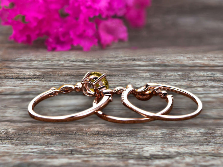 Trio Set Round Cut 1.75 Carat VS Champagne Diamond Moissanite Engagement Ring Set Milgrain Crown Wedding Band 10k Rose Gold Art Deco